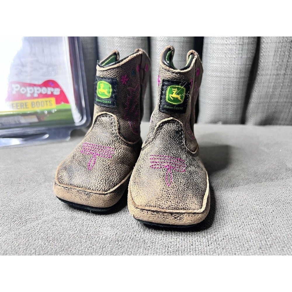 John Deere Infant Johnny Popper Boots Size 3M 6-9 months Stitching Brown Pink - Picture 6 of 11
